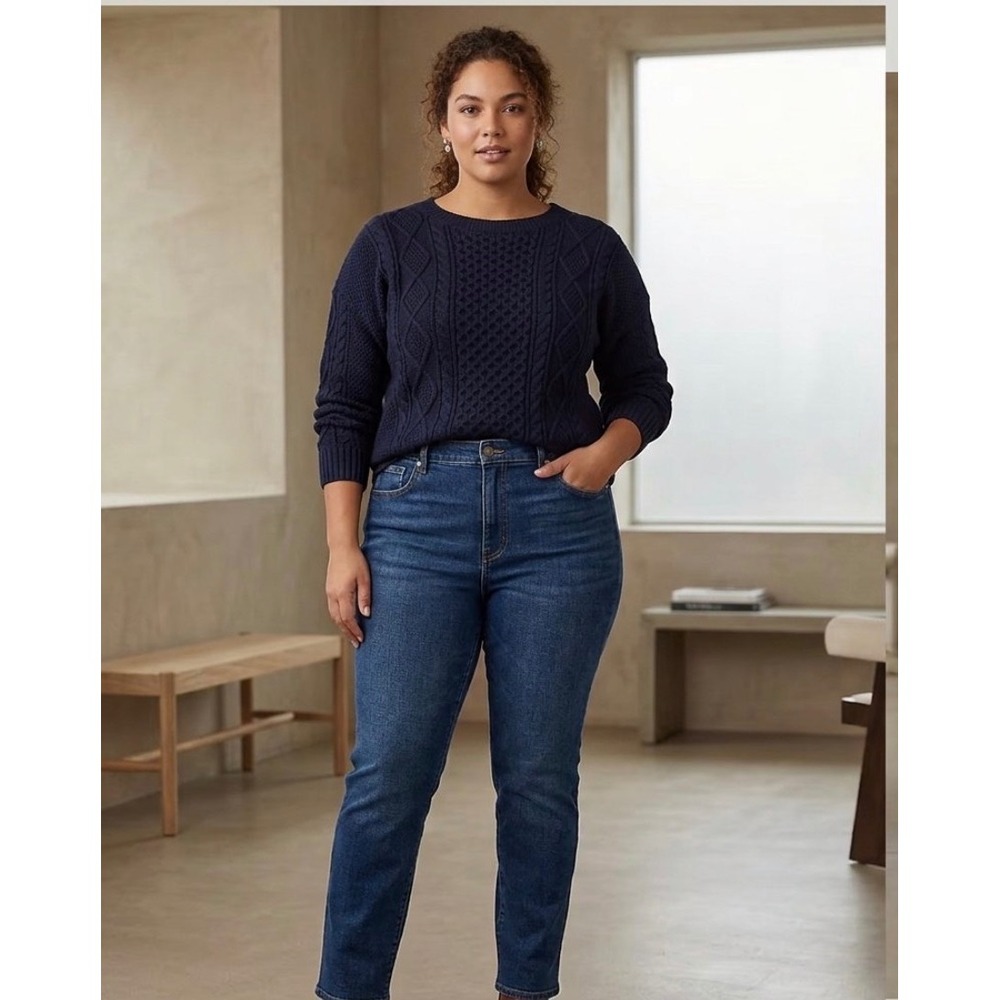 Lauren Ralph Lauren Aran-Knit Cotton Boatneck Sweater Navy Blue 2X Cotton Cable